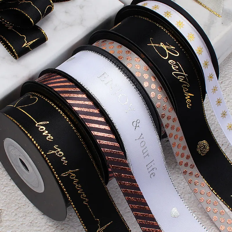 

White Hot stamping silver foil Printed grosgrain ribbon gift packaging Wedding Accessories DIY handmade Tie flower tie material