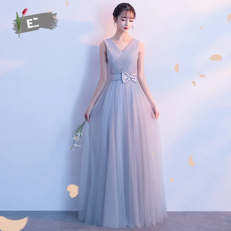 Модные Длинные свадебные платья со шнуровкой сзади элегантное розовое шифоновое платье с бантом и круглым вырезом без рукавов свадебное платье для гостей - Цвет: Gray E