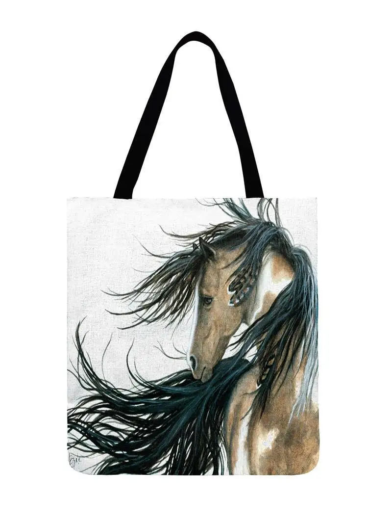 С принтом животного, лошади, Повседневная Сумка-тоут из льняной ткани, сумка-тоут для женщин, складная сумка для покупок, женская сумка на плечо, уличная пляжная сумка - Цвет: 8