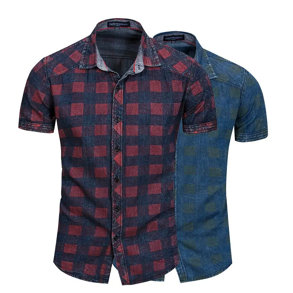 Summer High Quality Cotton Men Shirt Casual Slim fit Plaid Short