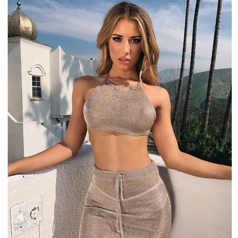 

Sexy 2 Pieces Bodycon Skirt Set Women Summer Casual Hollow Out Clubwear Party Halter Short Crop Top Wrap Mini Skirt Suits 2pcs