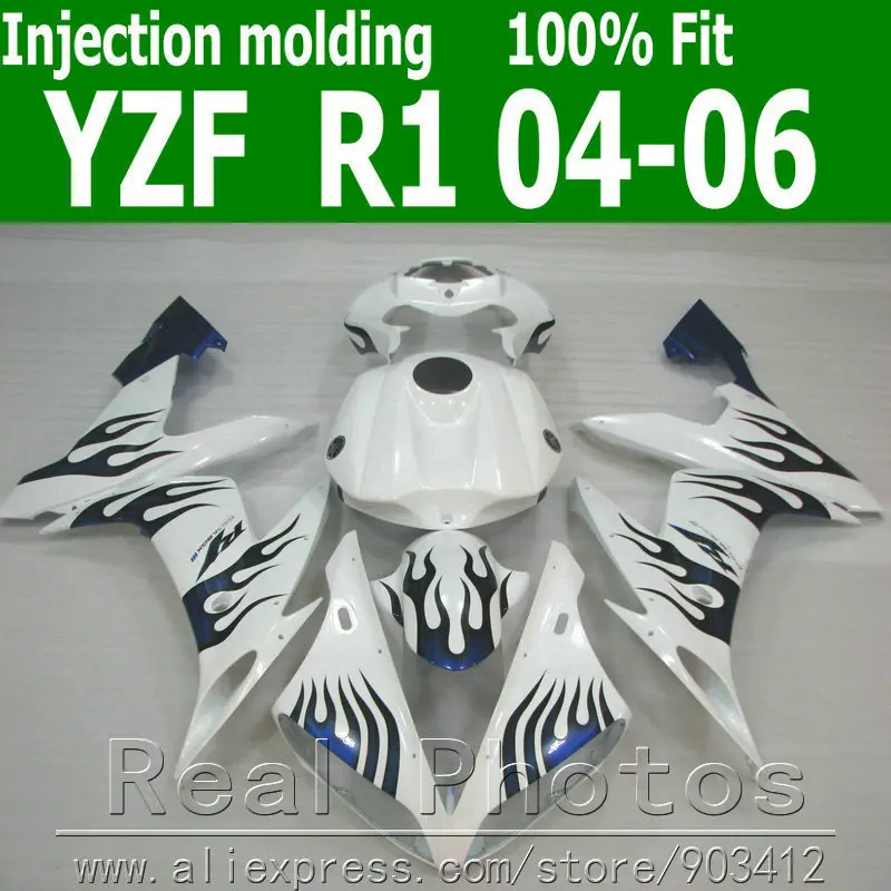 

Injection molding for YAMAHA R1 fairing kit  2004 2005 2006 blue flames in white fairings set 04 05 06 YZF R1 AS13