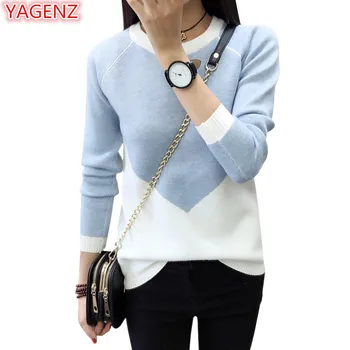 

YAGENZ Knit Sweater Women Tops Pullovers Spring Autumn Woman Clothes O Neck Sweater Top College Wind Spell color long-sleeve 758