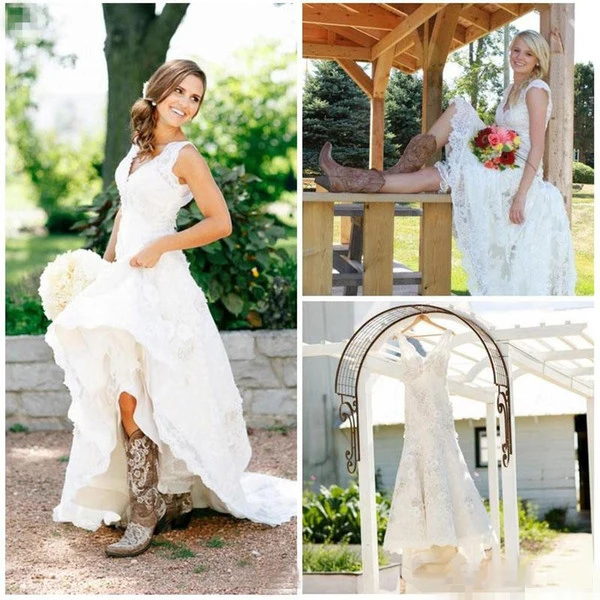 Country Wedding Dresses 2019 Vintage Full Lace V Neck Western Boho
