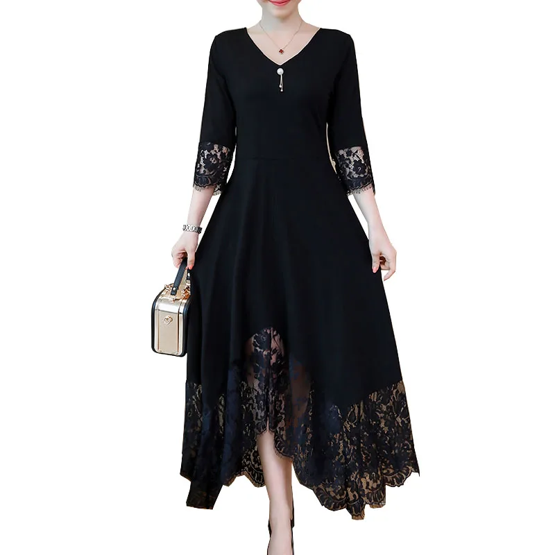 

L-5xl Black Fall Women Elegant Plus Size Lace Stitching Half Sleeve Lace-up Back Party Long Cocktail Dresses Vestidos Longo 950