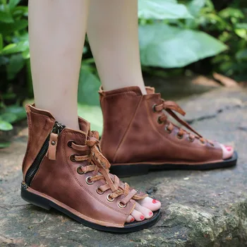 

2019 Original Design Women Summer Cool Boots Genuine Leather Peep Toes Lace Up Zipper Lady Ankle Boots