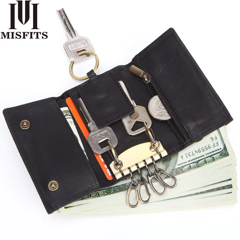 

MISFITS Vintage Key Holder 100% Leather Wallet Male Coin Purse Unisex Solid Men Key Holder Organizer Housekeeper Car Key Bag