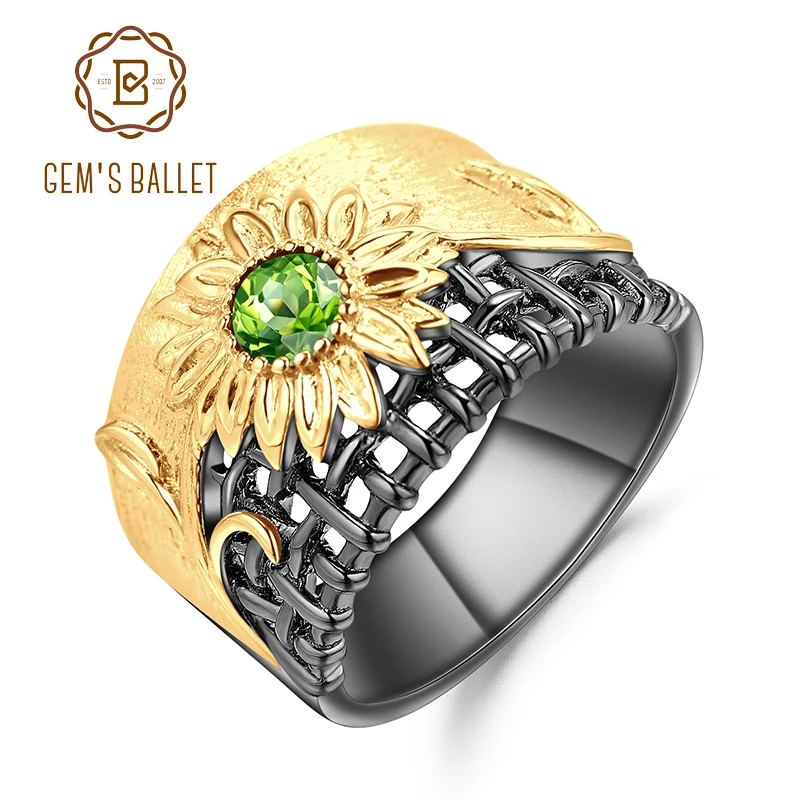

GEM'S BALLET 925 Sterling Silver Handmade Gold Chrysanthemum Rings for Women Wedding Natural Chrome Diopside Gemstones Jewelry