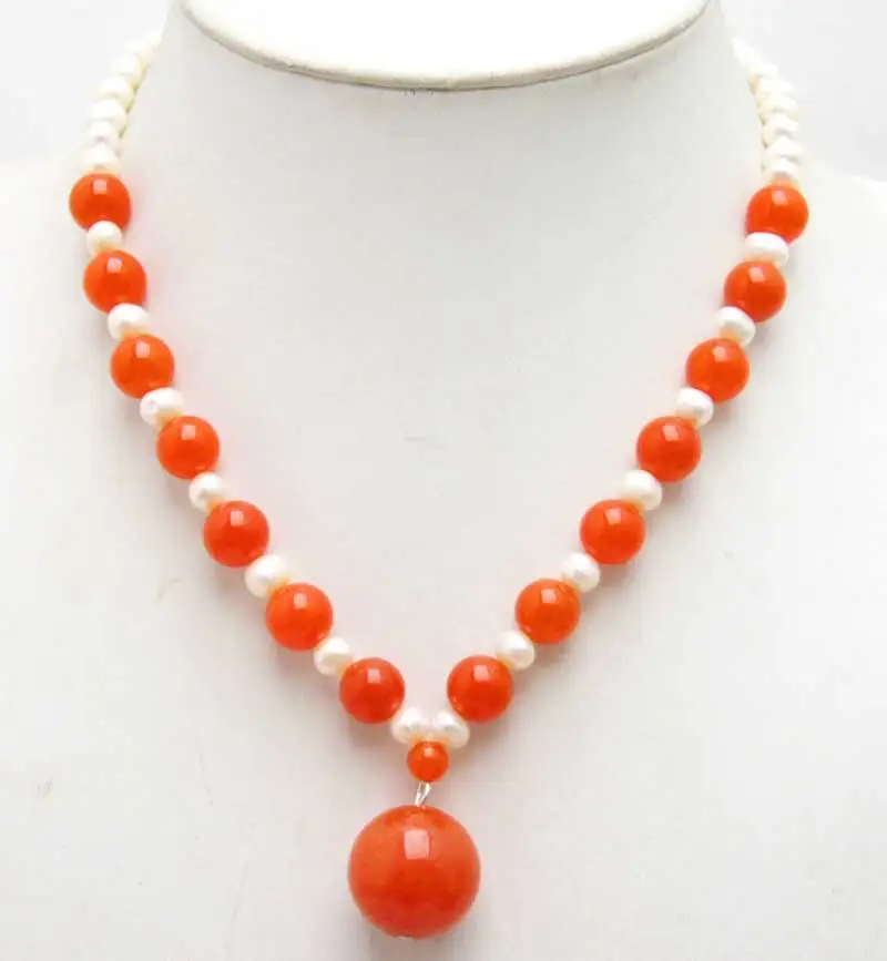 

Qingmos Natural 6-7mm White Pearl 17" Chokers necklace for Women & 20mm Red Pendant Necklace-nec5993 Wholesale/retail