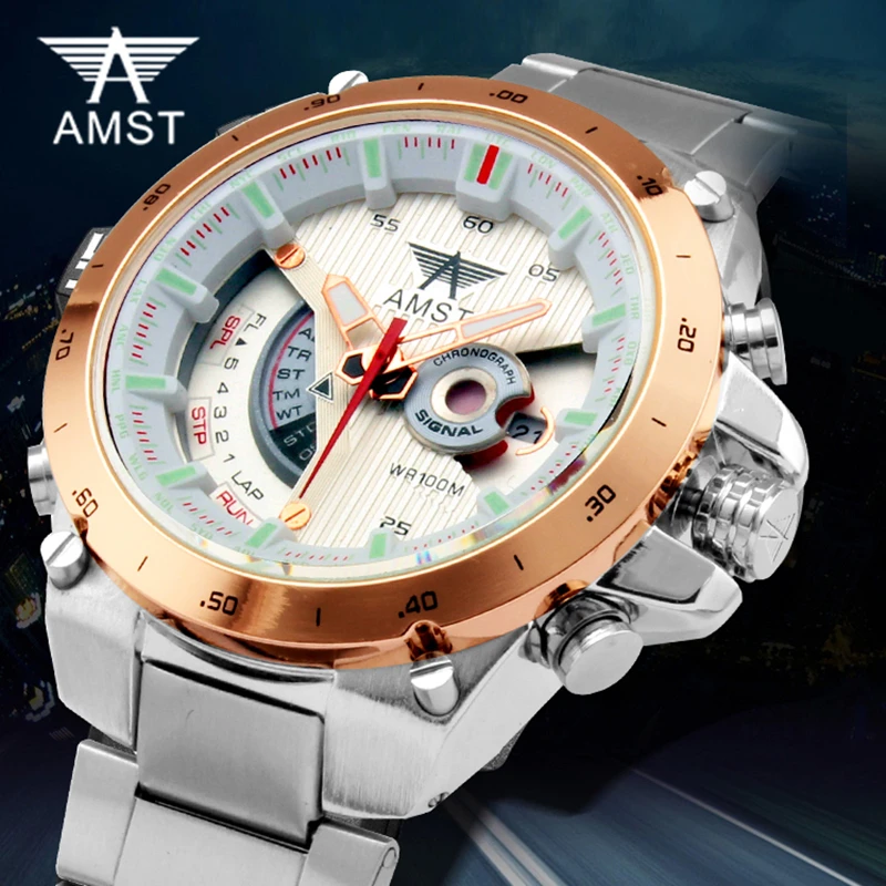 

AMST Luxury Brand Mens Stainless Steel Sport Quartz Watch Date Display Waterproof Fashion Army Military Wristwatch With Gift Box