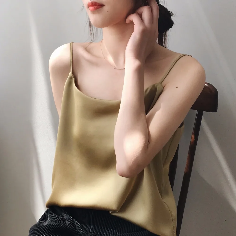 

2019 Summer Elegant Women Satin Camis Tops Adjustable Strap Solid Chic Basic Camisole Tank Tops