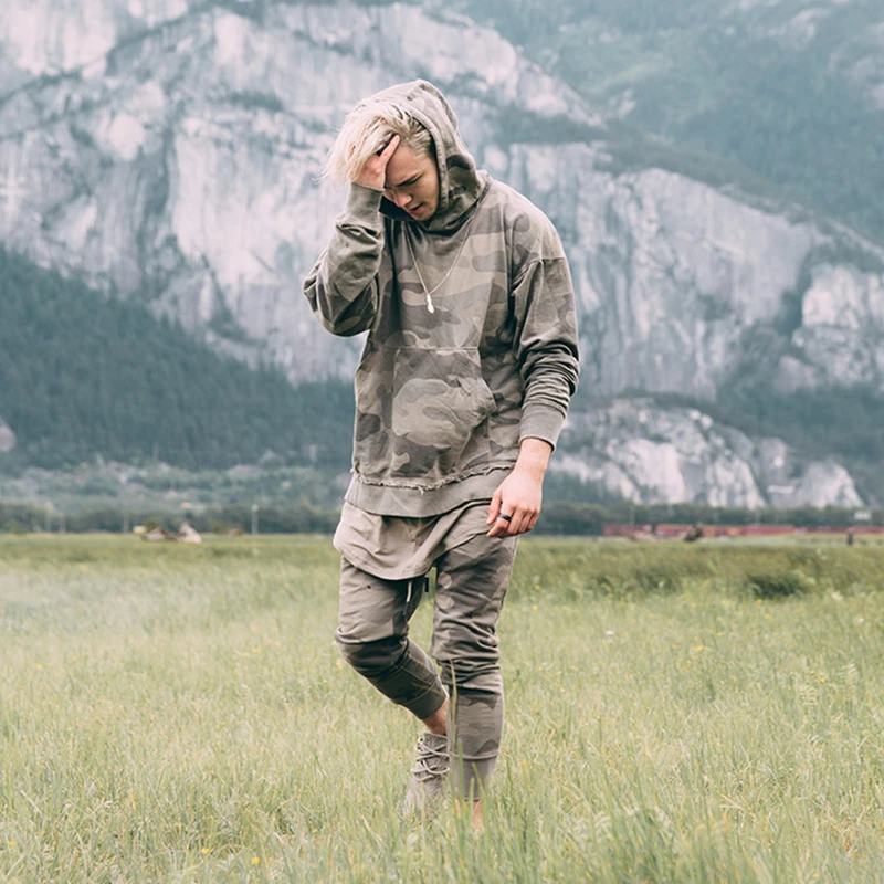 YouthCodes Camouflage Justin Bieber Brand Fashion Oversize High Street Military Hoodie Men FOG Cotton Distressed Sweatshirt Men