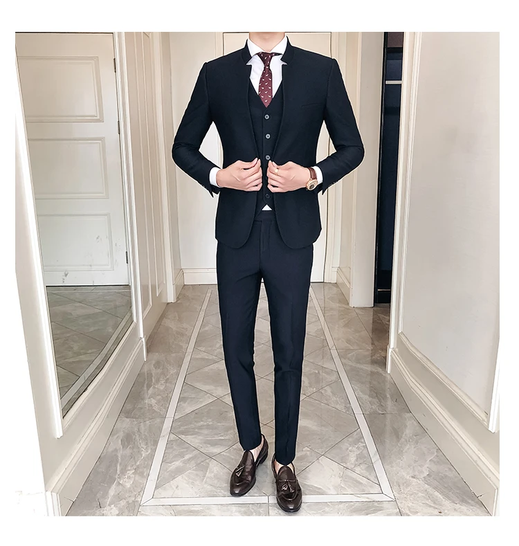 Мандарин воротник костюм для мужчин Slim Fit одноцветное Цвет Китайский стенд Colllar дизайн для Mariage деловой смокинг жених Мужской комплект