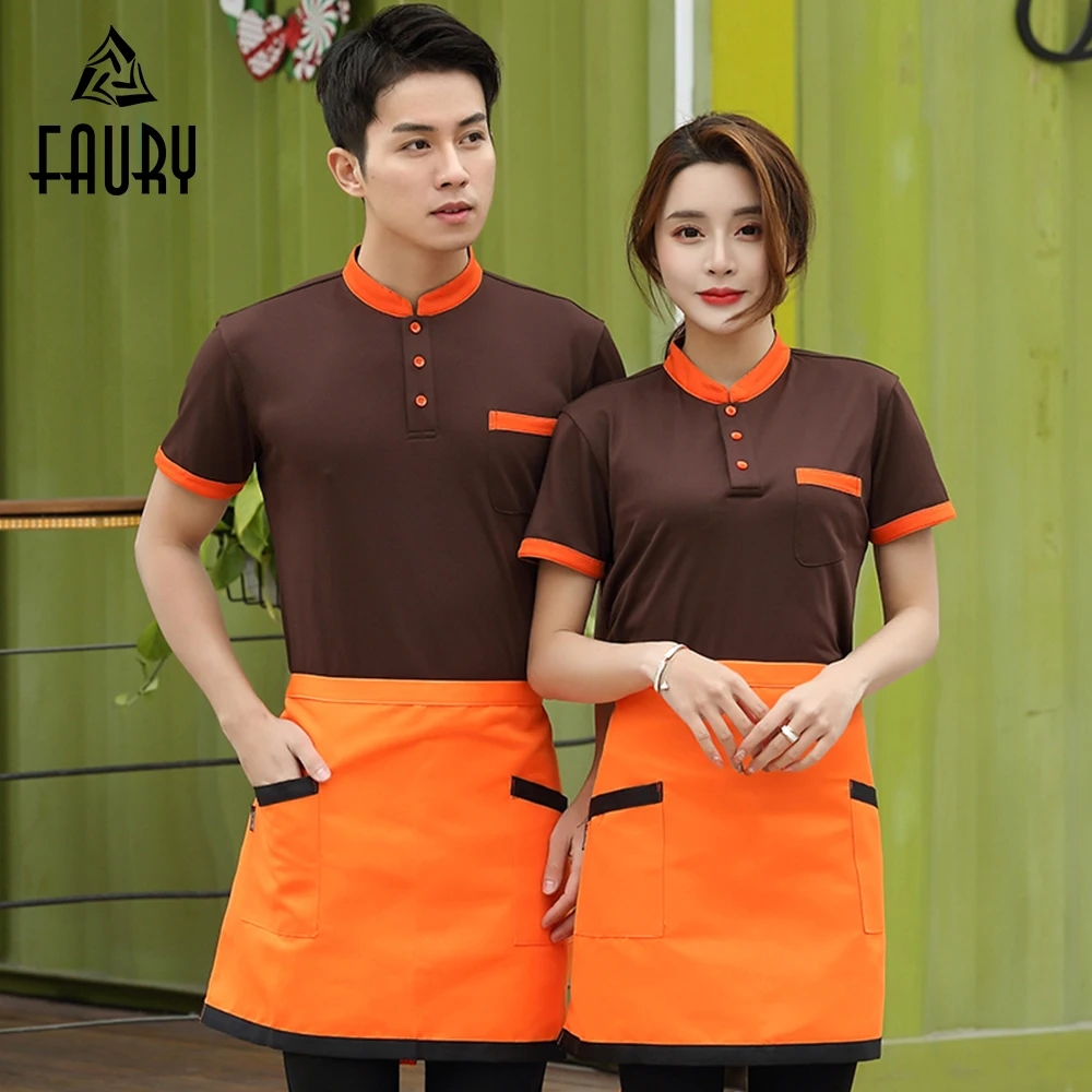 

2019 Hotel Waiter Waitress Uniform Food Service Polo Collar Shirt Barbers Kitchen Summer Breathable Work Overalls Wholesale