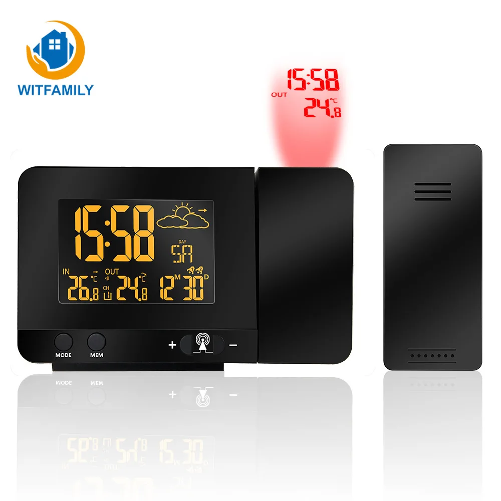 

Indoor outdoor temperature display Projection table clock Calendar with snooze USB charge Dual Alarm watch Multiple color