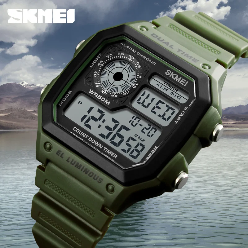 SKMEI для мужчин спортивные часы квадратный Dual Time светодио дный светодиодный