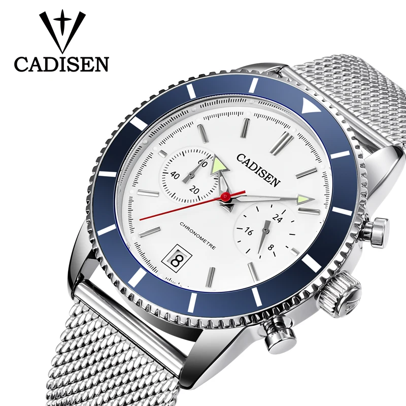 

CADISEN Business Sport Chronograph Fashion Watch Men Stainless Steel Mesh Band Waterproof Luxury Brand Quartz Watch Reloj Hombre