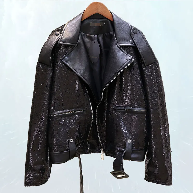 

Loose Stitching Fashion PU Leather Jacket 2019 Spring Autumn Coat Women Sequins Lapel Sequin Motorcycle Leather Outwear SL240
