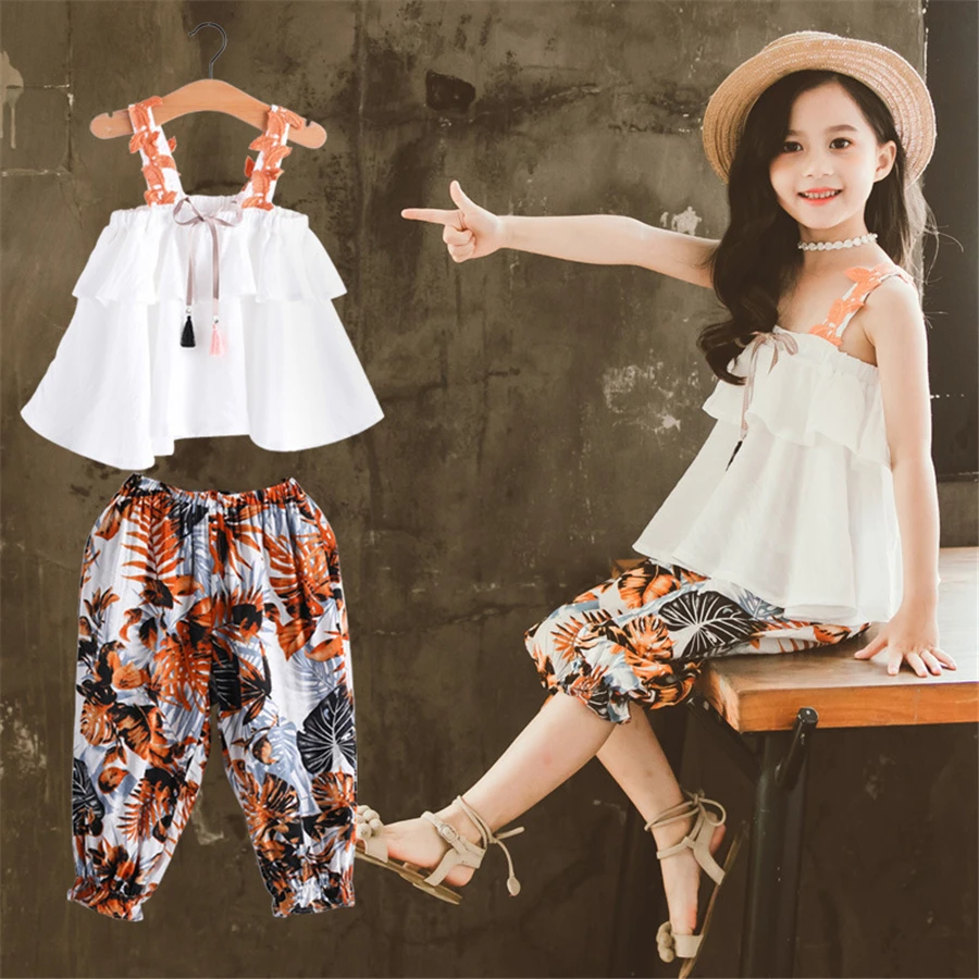 

Brand Kids clothing sets SUSPNER SUMMER SET floral sleeveless white tshirts long pants girls clothes baby girl summer clothes
