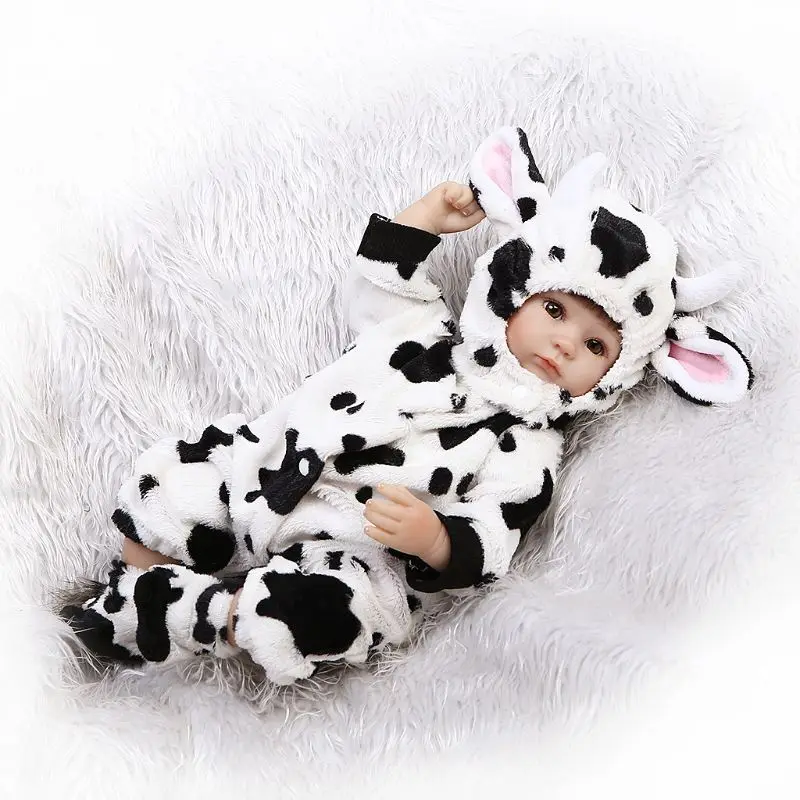 

Newborn Baby Gift Soft Vinyl Silicone Doll Lifelike Baby Simulation Doll Toys for Kids Playmate with Cow Clothes100% Safe