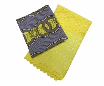 

New style yellow Swiss 100% cotton trim fabric, high quality African lace fabric + 2 yards cotton garment fabric FF3759