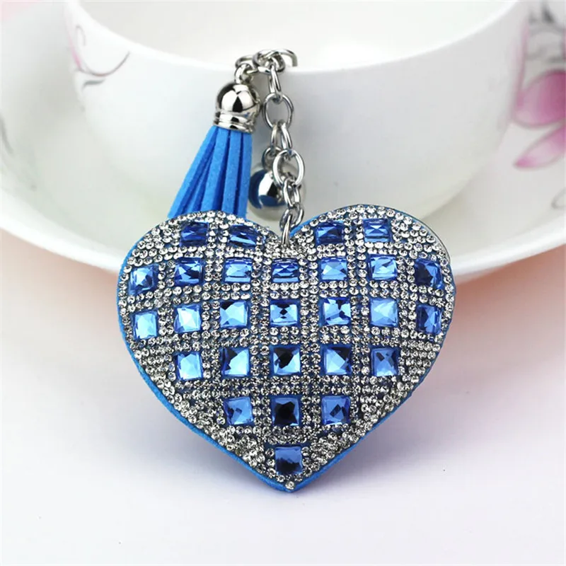 Fashion Keychain Heart Shape Female Full Glass Beads Key Covers Mosaic Leather Fringed Key Chain Car Ring Cap Gift - Color: 2