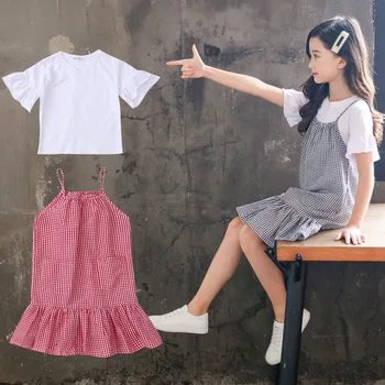 

Kids Toddler Girls Clothing Sets New Summer Fashion Style Plaid Printed T-Shirts + Sleeveless Dress 2Pcs Children Girls Clothes