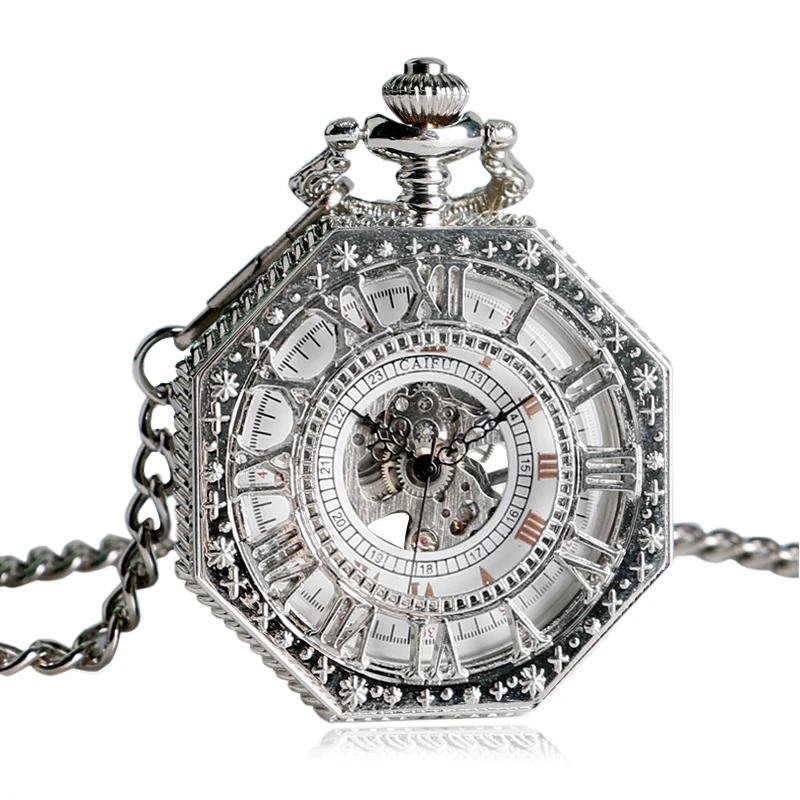 

CAIFU Octagon Silver Mechanical Pocket Watch Hand Wind Hollow Carving Skeelton Fob Clock Men Women Vintage Pendnat Gift