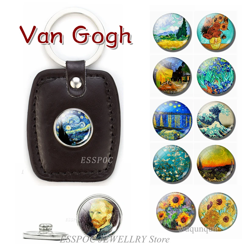 

Famous Artist Van Gogh Leather Keychain Glass Dome Button Jewelry Starry Night Stud Sunflower Pendant Key Chain Women Men Gifts