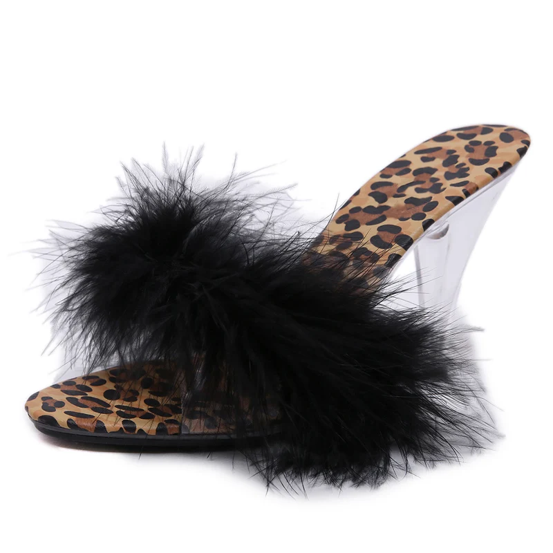 Пикантные леопардовые женские тапочки с перьями, 10 см, 7 см, прозрачная обувь на высоком каблуке, интересный мех, большие размеры 34-45, сандалии для выступлений AWS124