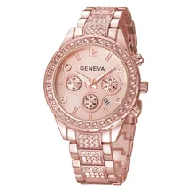 Rose Gold Women Geneva Quartz Watch Ladies Luxury Crystal Rhinestone Dress Wristwatches Female Steel Clock Gift Relogio Feminino