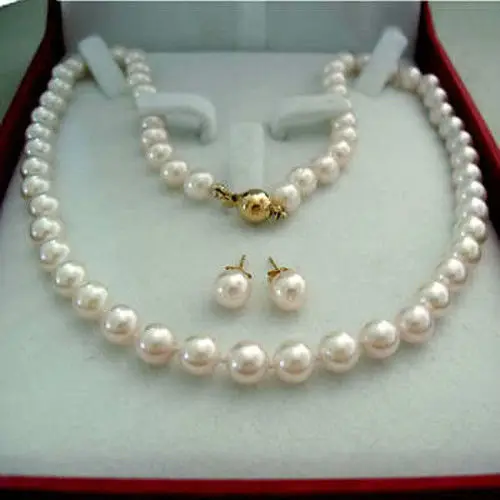 

8-9MM Natural White Akoya Cultured Pearl GP necklace earrings set AAA Grade -Top quality free shipping