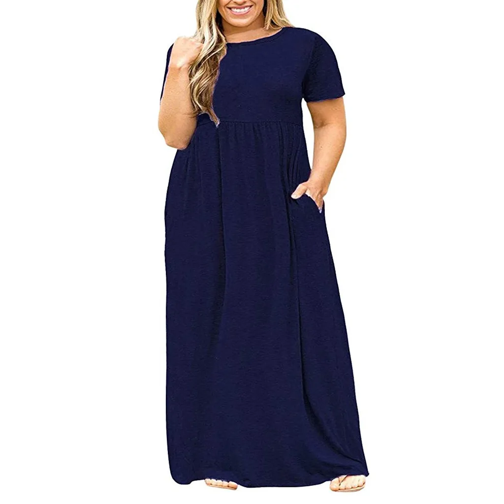 Женское летнее Повседневное платье размера плюс 5xl с круглым вырезом и коротким рукавом, однотонное богемное пляжное длинное платье с карманами L0520 - Цвет: Blue
