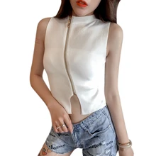 Crop Top Women Halter Neck Zipper Knitted Cropped Tank Tops Female Bodycon Tanks Sleeveless Basic Solid T shirts Tees Camisole rose bateau bodycon hem basic t shirts