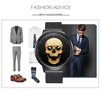 

AAA Mens Watches Luxury Brand Unique Skull Dial Men Gold Black Sport Watch Stainless Steel Mesh Band Wrist Watch bayan kol saati