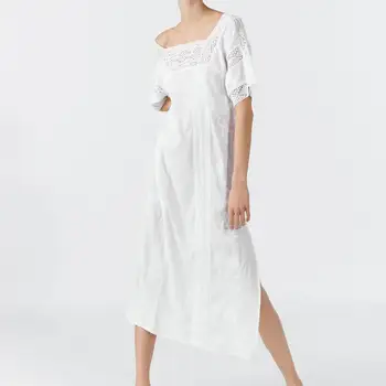 

Women Summer Dresses 2019 New Fashion White Cotton Embroidery Lace Patchwork Modern Lady's Mid-Calf Dress Feminino Vestidos