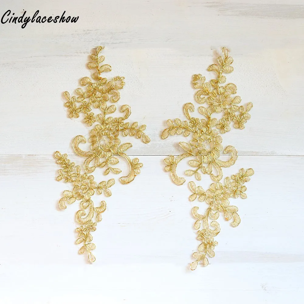 2Pairs Gold Lace Applique For Wedding Dress Embroidery Corded Lace