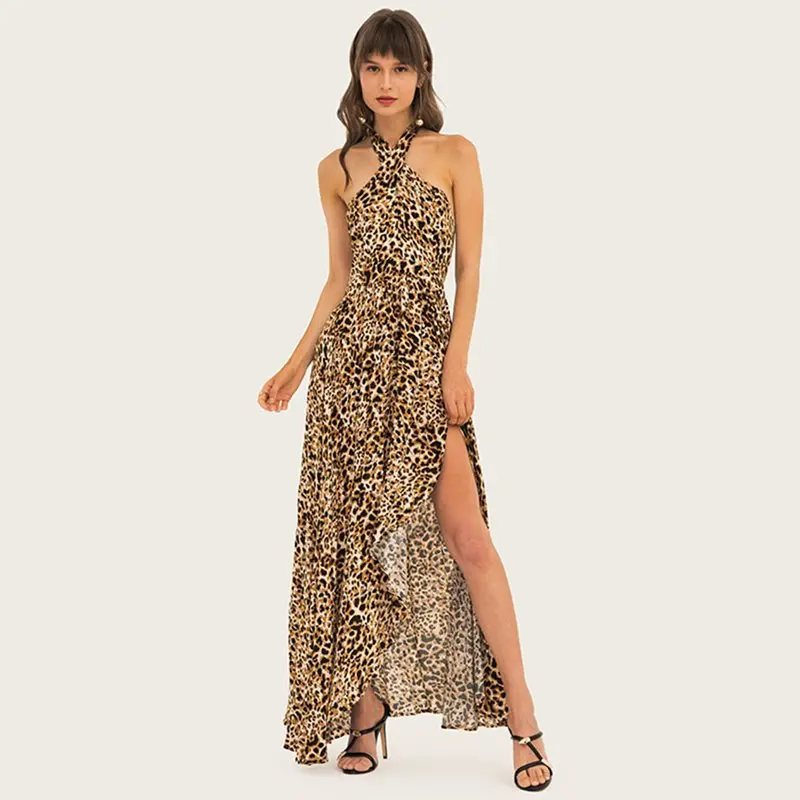

Leopard Dress Women Sexy Halter Evening Elegant Summer Boho Off Shoulder Beach Robe Fashion Party Split Backless Maxi Dresses