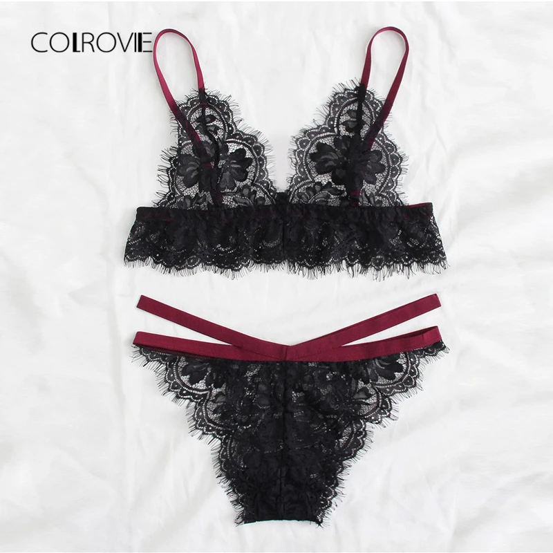 COLROVIE Detachable Halter Lace Lingerie Set 2018 Summer Adjustable Women Bra And Brief Sets Sexy Underwear Transparent Bra set
