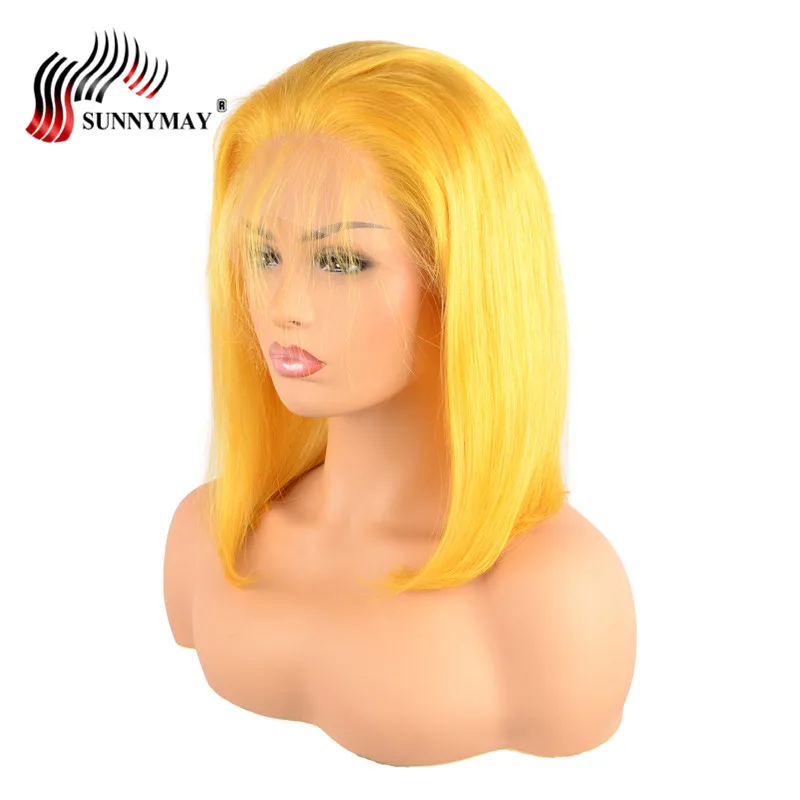 Sunnymay боб полный шнурок человеческих волос парики с Asjustable ремни Желтый Цвет бразильской Девы волос, парики, кружева с ребенком волос