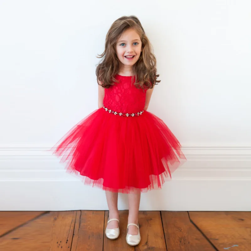 2017 Summer red Princess Dress For Girls Crochet Lace Diamond