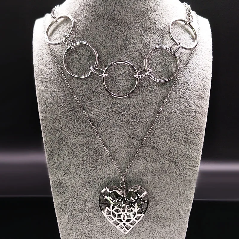 Ожерелье-чокер из нержавеющей стали в форме сердца для женщин, ювелирное изделие, двойной слой, серебряный цвет, ожерелье, ювелирные изделия, acero inoxiable N17858