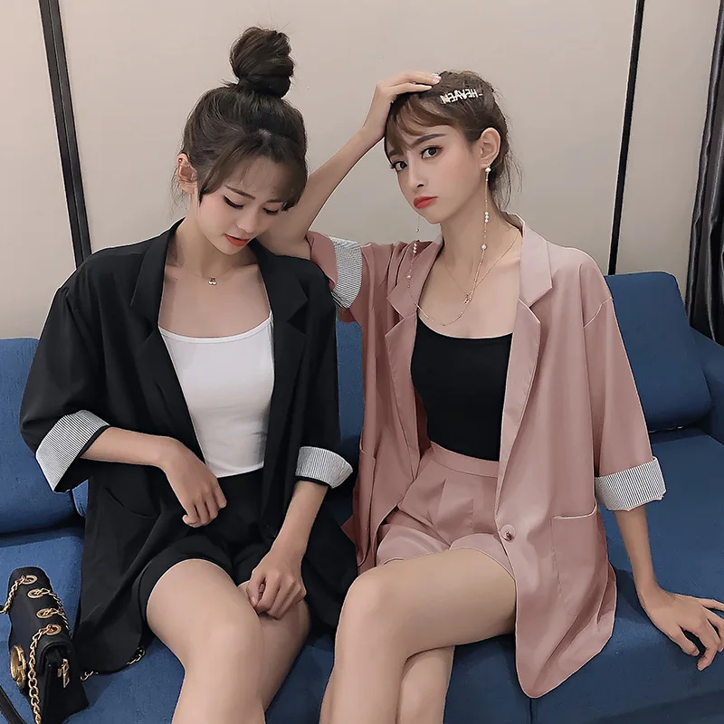 2019 women's suit Ladies summer new loose five-point sleeve suit jacket female Casual high waist shorts suit Two-piece set
