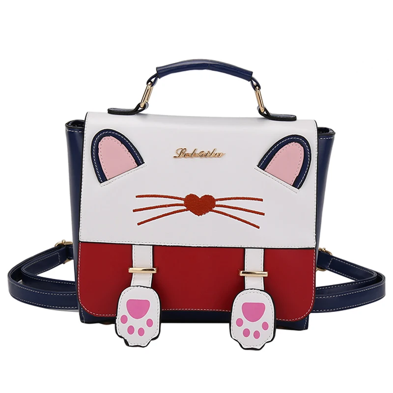 

Women Leather Embroidery Backpack Preppy Girl Schoolbag Female Travel Bag Tote Braccialini Style Handicraft Art Cartoon Cat Ears