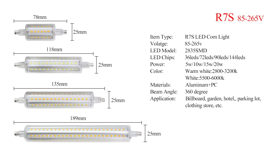 R7S светодиодный лампочка переменного тока 85-265 с регулируемой яркостью 5 Вт 10 Вт 15 Вт 20 Вт СВЕТОДИОДНЫЙ R7S разъем кукурузная лампа 78 мм 118 мм 135 мм 189 мм Точечный светильник Замена галогенов
