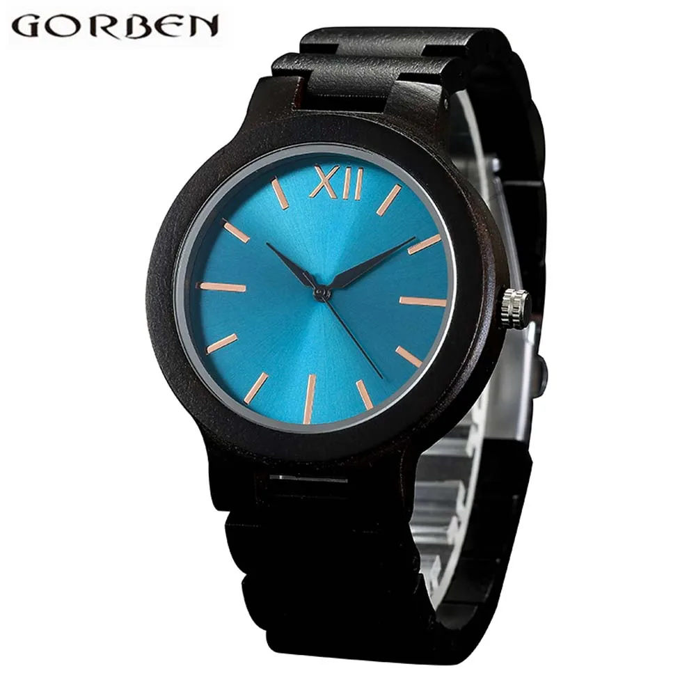 

Fashion Blue Analog Dial Wood Watch With Vintage Wooden Bracelet Round Shape Quartz Wristwatch For Men In Gift Box Dropshipping