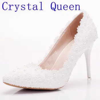 

Crystal Queen Sweet White Flower Women Pumps High Heels Lace Platform Pearls Wedding Shoes Bride Dress Shoes Heel Height 9CM