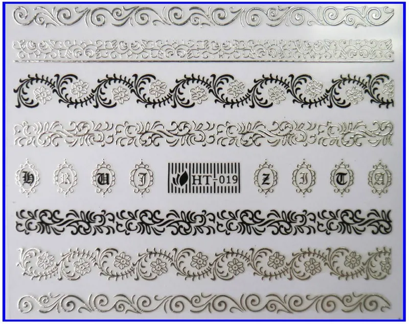 1х самоклеющиеся черные, белые, золотые, серебряные металлические наклейки для дизайна ногтей, слайдер, кружева, лоза, винтажная мода, арабский узор, HT19-21 - Цвет: HT019 BLACK SILVER
