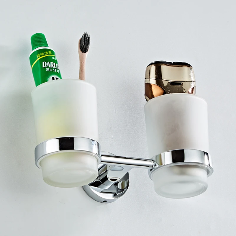 SRJ Stainless Steel Chrome Cup Holder Bathroom Washing Cup Toothbrush Embedded Double Cup Holders Household Bathroom Mug Holder