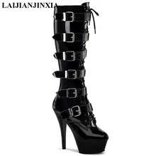 LAIJIANJINXIA/Сапоги до середины икры на очень высоком каблуке 15 см женские ботинки большого размера Женская обувь с пряжкой ботинки с круглым носком обувь для танцев